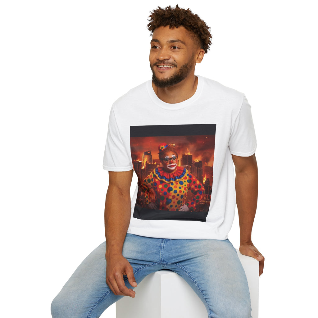 DumbAss Bass Clown Cityscape T-Shirt — Horror Carnival Graphic Tee