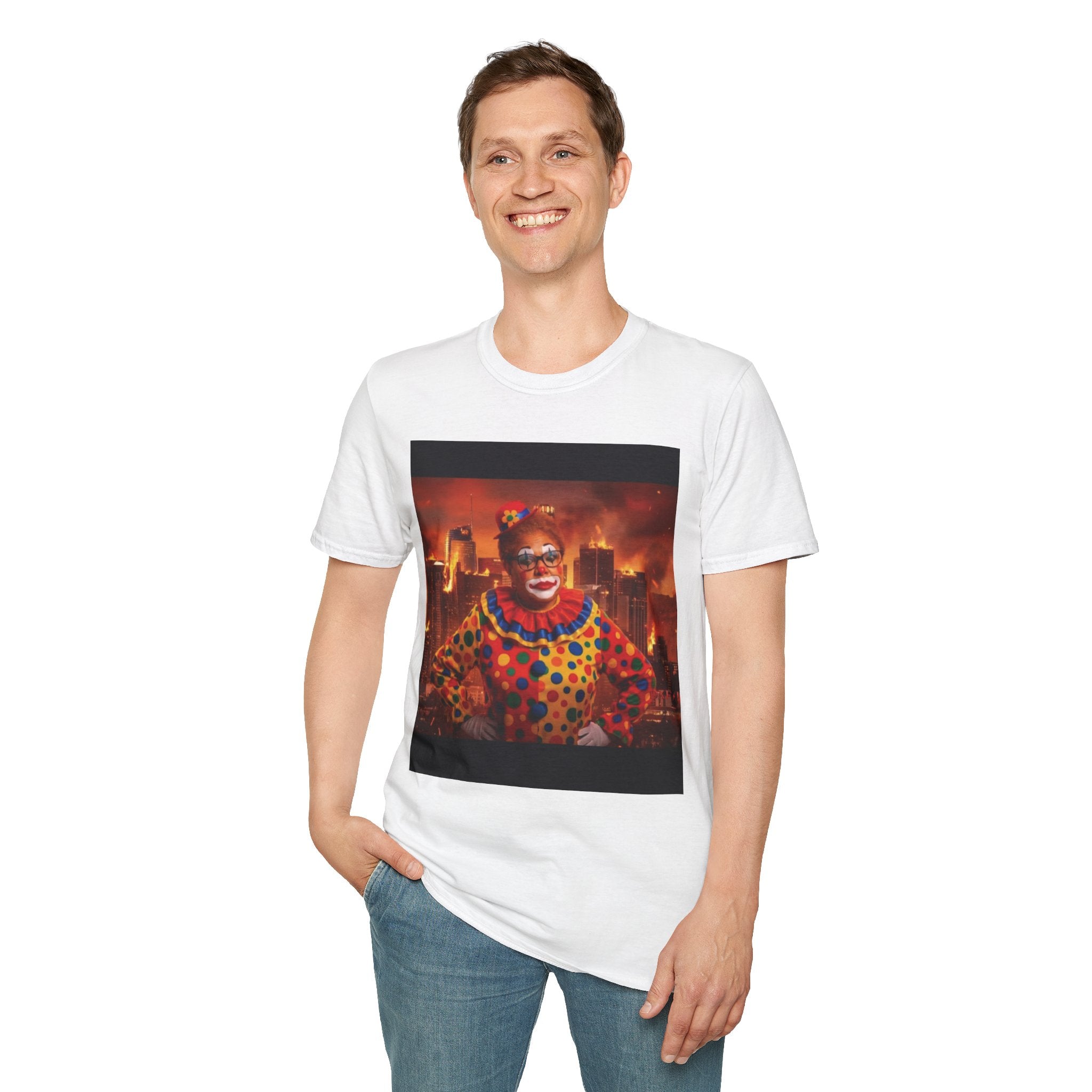 DumbAss Bass Clown Cityscape T-Shirt — Horror Carnival Graphic Tee